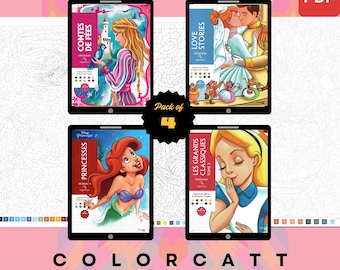 Set van 4 mysterieuze kleuren op nummer | Koninklijke romantiek en sprookjes voor altijd | Digitale pdf-kleurboeken | Klaar voor tablet en Procreate