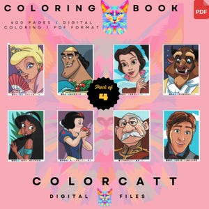 May include: Digital coloring book featuring eight cartoon illustrations of popular characters. The cover includes the text "COLORING BOOK" and "COLORCATT DIGITAL FILES". The image is set against a pink background with a colorful cat graphic.