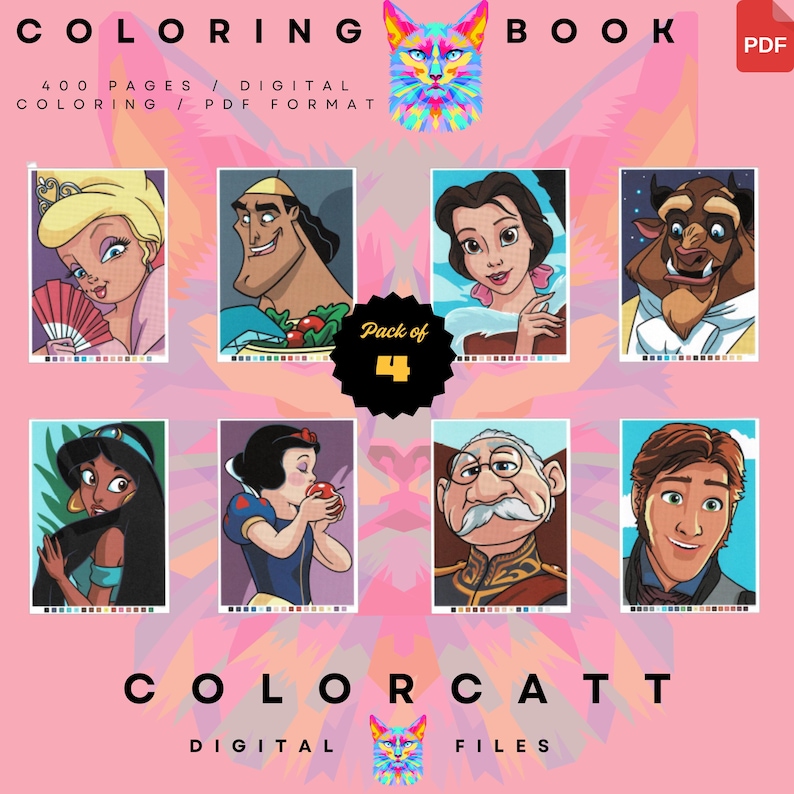 May include: Digital coloring book featuring eight cartoon illustrations of popular characters. The cover includes the text "COLORING BOOK" and "COLORCATT DIGITAL FILES". The image is set against a pink background with a colorful cat graphic.