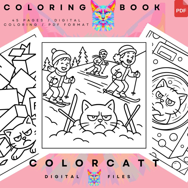 May include: A digital coloring book cover with the text "COLORING BOOK" and "COLORCATT DIGITAL FILES". The cover features a colorful cat illustration and black and white line drawings of cats and people skiing. The text reads "45 PAGES / DIGITAL COLORING / PDF FORMAT".