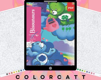 Rainbow Bears Mystery Coloring Book PDF, 105 Paint by Number Pages, Retro Cloud Kingdom Art, Cute Nostalgic Animals Download