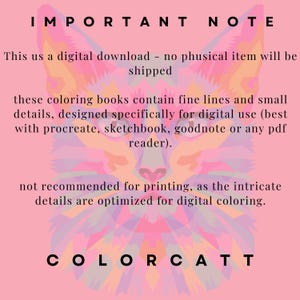 Pu&ograve; includere: Immagine di download digitale rosa con testo "IMPORTANT NOTE" e "COLORCATT". L'immagine presenta un volto di gatto geometrico colorato. Il testo indica che il prodotto &egrave; un download digitale, non per la stampa, e progettato per l'uso digitale.