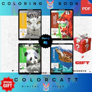 May include: Digital colouring book pack featuring four animal-themed designs: an owl, foxes, a panda, and a sea turtle. Includes a gift box and the text "COLORING BOOK" and "COLORCATT DIGITAL FILES".