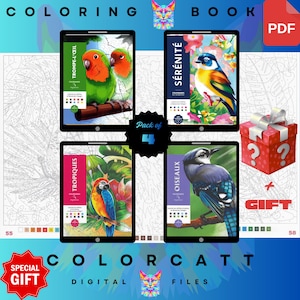 Op de afbeelding: Een pakket van vier digitale kleurboeken met vogelillustraties. Elke boekomslag toont een andere vogelsoort, waaronder papegaaien, een blauwe gaai en een kleurrijke zangvogel. De afbeelding bevat de tekst "COLORING BOOK", "COLORCATT" en "DIGITAL FILES".