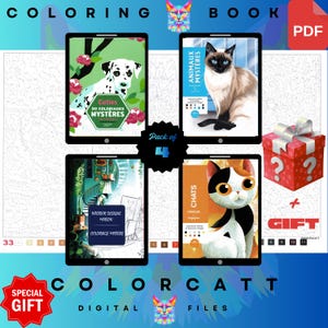 Pode incluir: Um pacote de livros de colorir digitais com quatro designs diferentes. As capas mostram um dálmata, um gato siamês, um gato com marcas laranja e pretas e uma cena de design de interiores. A imagem também inclui uma caixa de presente e o texto "COLORCATT DIGITAL FILES."