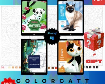 Set van 4 mysterieuze kleuren op nummer | Gezellige huisdieren en interieurontwerp Homekunst | Digitale pdf-kleurboeken | Klaar voor tablet en Procreate