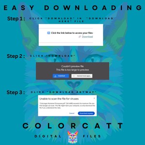 May include: A teal graphic with instructions for downloading digital files. The steps include clicking "Download" and "Download Anyway." The image features a colorful cat graphic and the text "COLORCATT DIGITAL FILES."