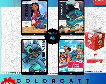 Set van 4 mysterieuze kleuren op nummer | Blauwe Alien Friend en Island Life-kunst | Digitale pdf-kleurboeken | Tablet en Procreate Ready-bundel