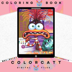 Puede incluir: Un libro para colorear digital que se muestra en una tableta. La portada presenta una colorida ilustraci&oacute;n de personajes de Pixar con el texto "BEST OF PIXAR". Tambi&eacute;n son visibles las palabras "COLORING BOOK" y "COLORCATT DIGITAL FILES".
