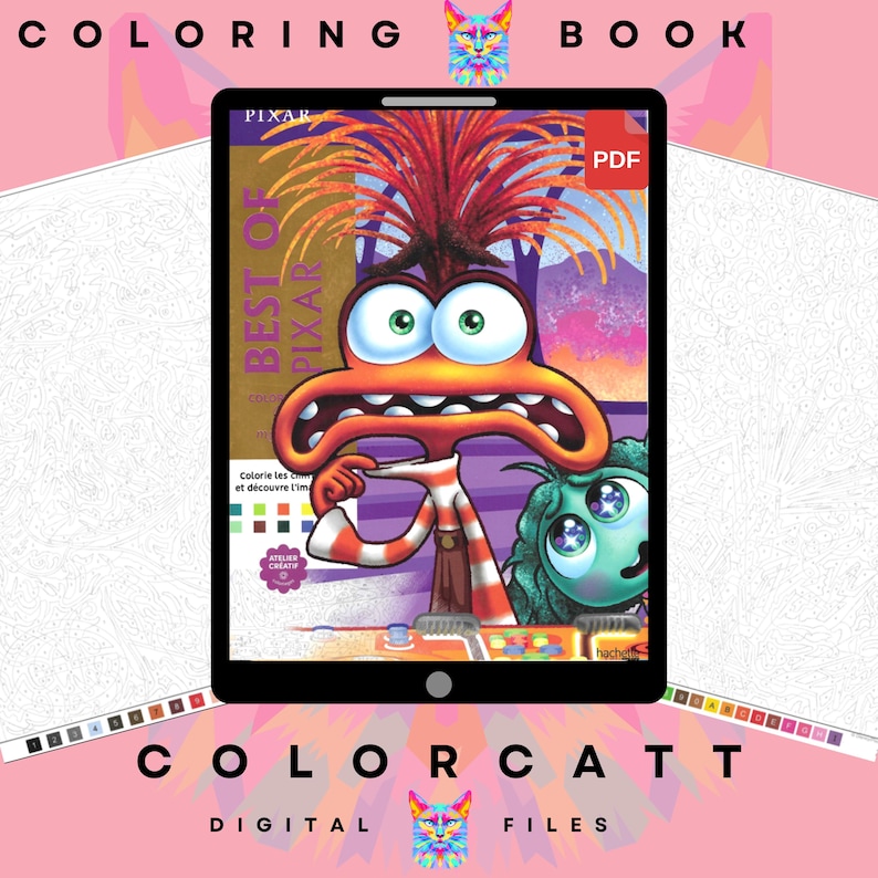 Puede incluir: Un libro para colorear digital que se muestra en una tableta. La portada presenta una colorida ilustraci&oacute;n de personajes de Pixar con el texto "BEST OF PIXAR". Tambi&eacute;n son visibles las palabras "COLORING BOOK" y "COLORCATT DIGITAL FILES".