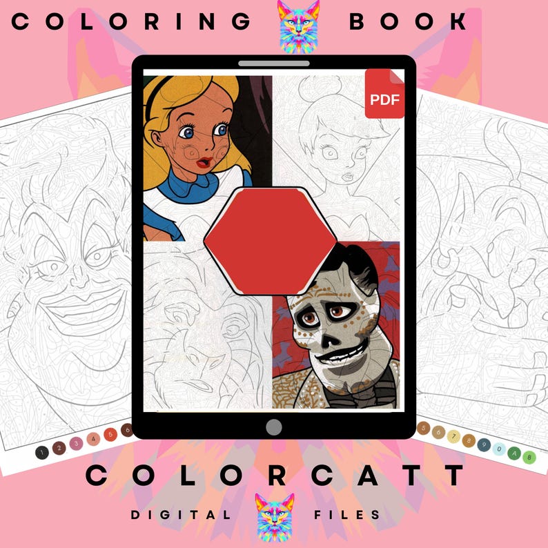 May include: Digital coloring book featuring illustrations of Alice in Wonderland, Tinkerbell, Coco, and a lion. The tablet displays a PDF file and is surrounded by the words "COLORING BOOK" and "COLORCATT DIGITAL FILES".