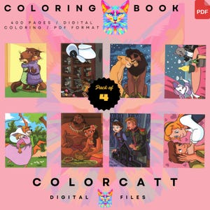 May include: Digital coloring book featuring various cartoon characters. The cover includes the text "COLORING BOOK" and "COLORCATT DIGITAL FILES". The image shows a pack of 4 coloring pages with different scenes and characters.