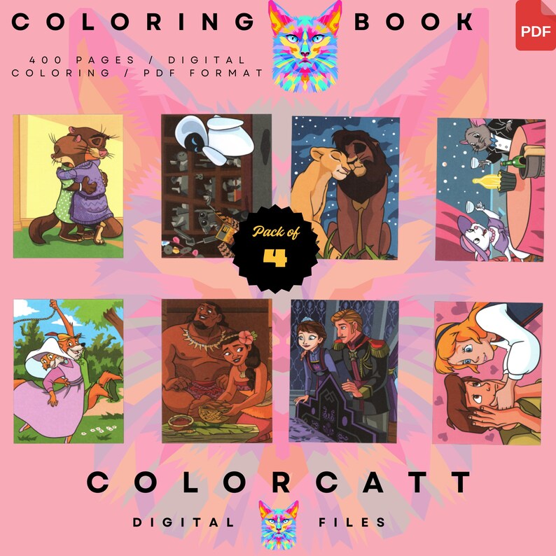 May include: Digital coloring book featuring various cartoon characters. The cover includes the text "COLORING BOOK" and "COLORCATT DIGITAL FILES". The image shows a pack of 4 coloring pages with different scenes and characters.