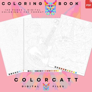 Puede incluir: Libro para colorear digital con tres p&aacute;ginas con dise&ntilde;os de arte lineal. La portada incluye el texto "COLORING BOOK" y una ilustraci&oacute;n de gato colorido. Tambi&eacute;n es visible el texto "100 PAGES / DIGITAL COLORING / PDF FORMAT". La parte inferior de la imagen dice "COLORCATT DIGITAL FILES".