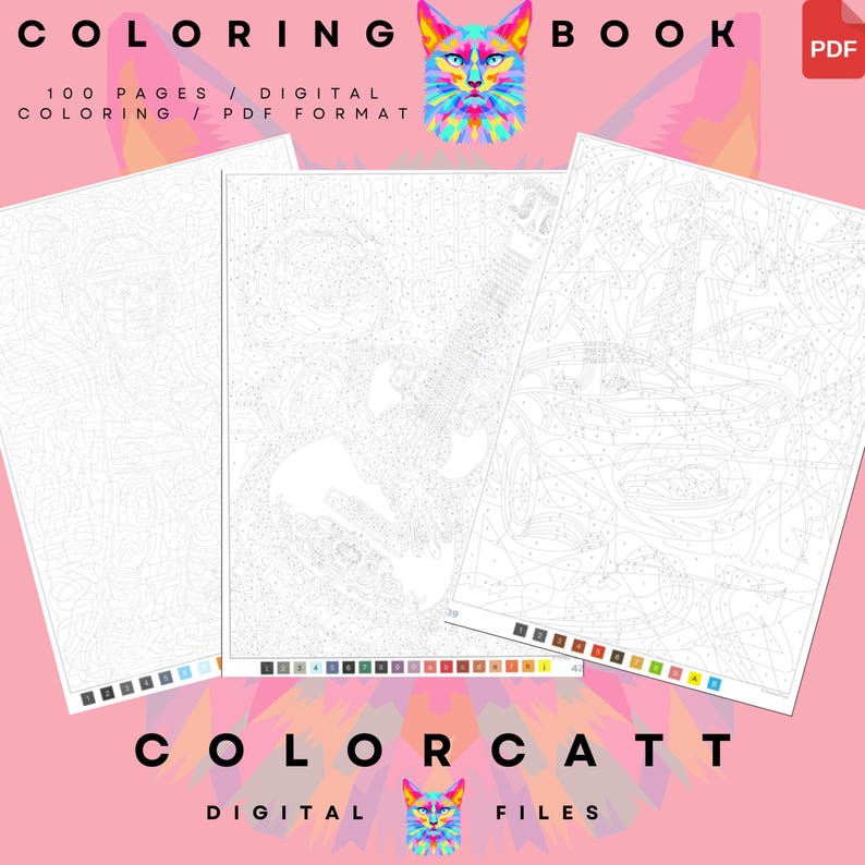 Puede incluir: Libro para colorear digital con tres p&aacute;ginas con dise&ntilde;os de arte lineal. La portada incluye el texto "COLORING BOOK" y una ilustraci&oacute;n de gato colorido. Tambi&eacute;n es visible el texto "100 PAGES / DIGITAL COLORING / PDF FORMAT". La parte inferior de la imagen dice "COLORCATT DIGITAL FILES".