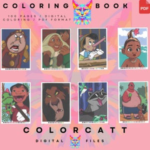 Pu&ograve; includere: Una copertina di libro da colorare digitale con il testo "COLORING BOOK" e "100 PAGES / DIGITAL COLORING / PDF FORMAT". La copertina presenta illustrazioni di personaggi animati, tra cui Lumiere, Pinocchio e Vaiana, con un gatto colorato.