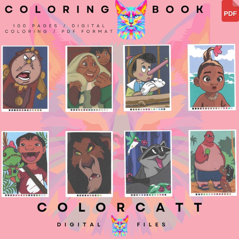 Pu&ograve; includere: Una copertina di libro da colorare digitale con il testo "COLORING BOOK" e "100 PAGES / DIGITAL COLORING / PDF FORMAT". La copertina presenta illustrazioni di personaggi animati, tra cui Lumiere, Pinocchio e Vaiana, con un gatto colorato.