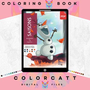Puede incluir: Un libro para colorear digital que se muestra en una tableta, con un muñeco de nieve de dibujos animados y hojas naranjas. La pantalla de la tableta muestra la palabra "SAISONS" y el texto "COLORIAGES mystères". La imagen está rodeada de páginas para colorear y el texto "COLORING BOOK" y "COLORCATT DIGITAL FILES".