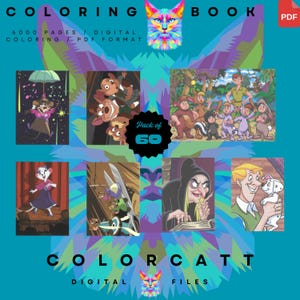 May include: A digital coloring book pack featuring 60 pages of illustrations in PDF format. The cover displays a colorful cat graphic and various cartoon images. Text includes "COLORING BOOK", "6000 PAGES / DIGITAL COLORING / PDF FORMAT", and "COLORCATT DIGITAL FILES".
