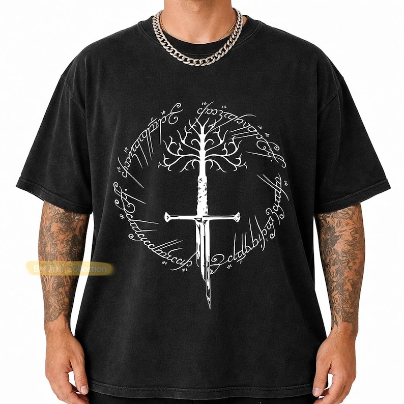 Ring Inspired Tee, Narsil Broken Blade Shirt, White Tree of Gondor T-Shirt, Anduril Sword, Middle Earth Tolkien Tee, LOTR Gifts Black