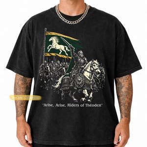 Camiseta de los Jinetes de Rohan Théoden, Camiseta de la Caballería Rohirrim, ¡Levántense, Jinetes de Théoden!, Camiseta inspirada en El Señor de los Anillos, Camiseta vintage para hombre con temática ecuestre.