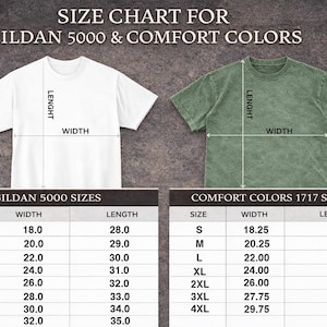 Puede incluir: Tabla de tallas para camisetas Gildan 5000 y Comfort Colors. La tabla muestra las medidas de ancho y largo en cm para las tallas S a 5XL. Se muestran una camiseta blanca y una camiseta verde con l&iacute;neas de medici&oacute;n.