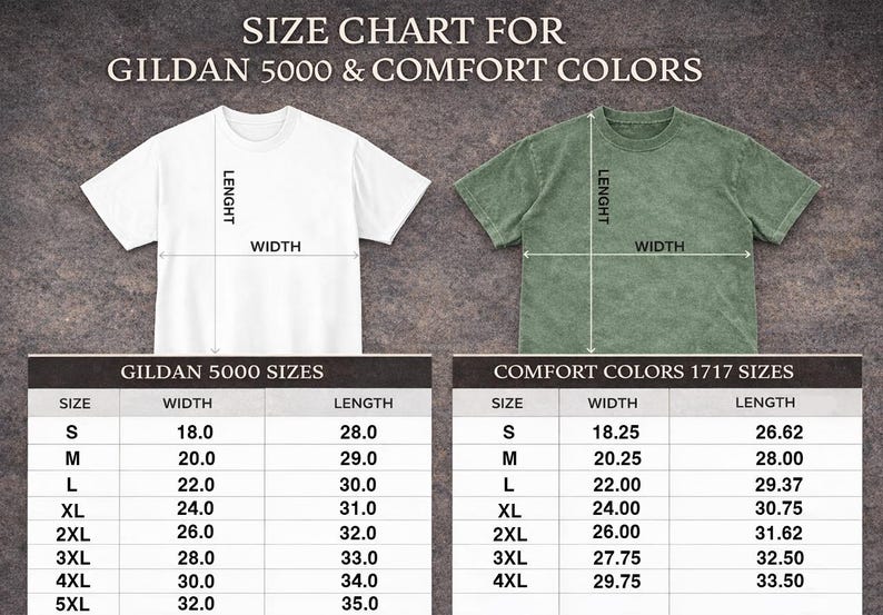 Puede incluir: Tabla de tallas para camisetas Gildan 5000 y Comfort Colors. La tabla muestra las medidas de ancho y largo en cm para las tallas S a 5XL. Se muestran una camiseta blanca y una camiseta verde con l&iacute;neas de medici&oacute;n.