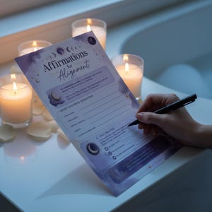 Peut inclure: Une feuille de travail imprimée intitulée Affirmations for Alignment avec des graphismes célestes violets, des phases lunaires et des étoiles. Le document comprend des sections pour écrire des affirmations et une pratique quotidienne.