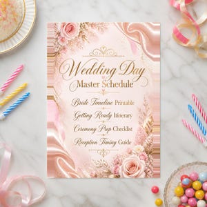 May include: A rectangular wedding day master schedule card featuring a soft pink background with gold floral accents and flowing fabric textures. The text reads: Wedding Day Master Schedule, Bride Timeline Printable, Getting Ready Itinerary, Ceremony Prep Checklist, and Reception Timing Guide.