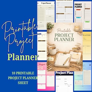 Könnte beinhalten: Eine Sammlung druckbarer Projektplaner-Vorlagen mit verschiedenen Layouts und Designs. Das Bild zeigt verschiedene Projektplanungsvorlagen, darunter To-Do-Listen, Projektbeschreibungen und Kalender. Der Text "Printable Project Planner" ist deutlich sichtbar.