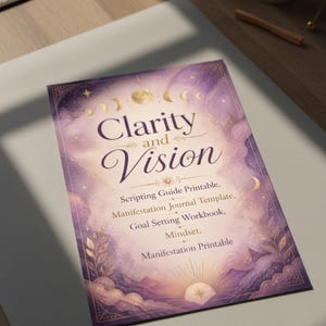 Peut inclure: Une couverture de journal imprimable avec les mots "Clarity and Vision" en écriture élégante. Le design présente un thème céleste avec des accents violets et dorés, notamment des lunes, des étoiles et des nuages. La couverture répertorie également le contenu.