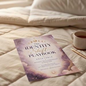 Könnte beinhalten: Ein Bett mit einer neutral getönten Bettdecke und einem weißen Kissen. Auf dem Bett liegt ein Arbeitsbuch mit dem Titel "The Identity Shift Playbook" mit einem lila und goldenen Design. Eine Tasse Tee und ein goldener Stift sind ebenfalls vorhanden.