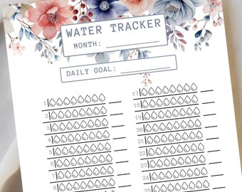 Water Tracker Whispering Blooms | Hydration Daily Weekly Monthly Goals | Printable Plan Organizer