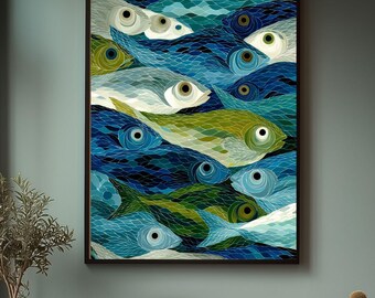Sardine Mosaic Wall Art | Blue and Green Watercolor Style Kitchen Print | Digital Download Vertical Printable