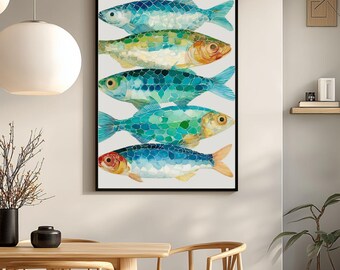 Five Sardine Wall Art | Blue and Green Watercolor Style Kitchen Print | Digital Download Vertical Printable