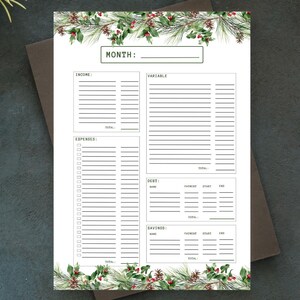 May include: A white monthly budget planner with a decorative border of green pine needles and red berries. The planner includes sections for income, expenses, and savings. The word "MONTH:" is at the top.