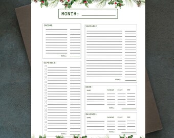 Budget Planner Christmas Greenery | Monthly or Weekly Expense, Savings, and Debt Tracker | Printable Organizer