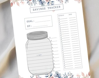 Savings Tracker Whispering Blooms | Emergency Fund Mason Jar Goals | Printable Plan Organizer