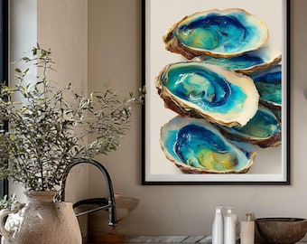 Oyster Wall Art | Blue and Green Watercolor Style Kitchen Print | Digital Download Vertical Printable