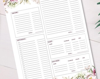 Budget Planner Violet Floral | Monthly or Weekly Expense, Savings, and Debt Tracker | Printable Organizer