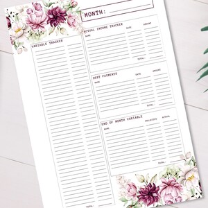 May include: A white planner sheet with floral accents and a black pen. The planner includes sections for tracking income, debt payments, and variable expenses. Floral accents in shades of pink, purple, and white adorn the top and bottom.