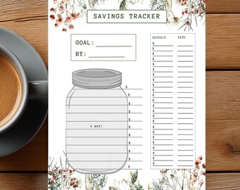 Savings Tracker Snowy Floral | Emergency Fund Mason Jar Goals | Printable Plan Organizer
