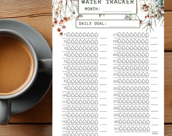 Water Tracker Snowy Floral | Hydration Daily Weekly Monthly Goals | Printable Plan Organizer