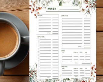 Budget Planner Snowy Floral | Monthly or Weekly Expense, Savings, and Debt Tracker | Printable Organizer