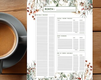 Budget Tracker Snowy Floral | Monthly or Weekly Expense, Savings, and Debt Tracker | Printable Organizer