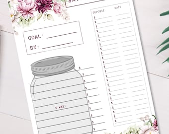 Savings Tracker Violet Floral | Emergency Fund Mason Jar Goals | Printable Plan Organizer