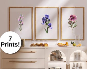 7 Lavender Gallery Wall Set | Wild Flower Botanical Art Prints | Sage Green Dried Flowers Digital Download Printable