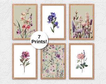 7 Lavender Gallery Wall Set | Wild Flower Botanical Art Prints | Sage Green Dried Flowers Digital Download Printable