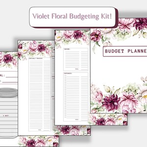 Peut inclure: Un kit de budgétisation floral violet avec un fond blanc. Le kit comprend un planificateur budgétaire et plusieurs pages pour suivre les revenus, les dépenses et les objectifs. Les pages sont décorées de motifs floraux à l'aquarelle dans des tons de violet et de rose.