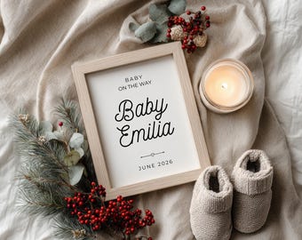 Anúncio de gravidez minimalista de Natal | Revelação do bebê no inverno (Modelo digital)
